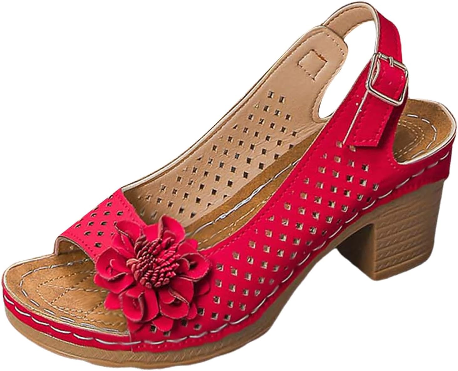 Sandals Womens Summer Beach Chunky Heel Arch Support Dressy Womens Sandals Hollow Comfort Adjustable Buckle Sandals