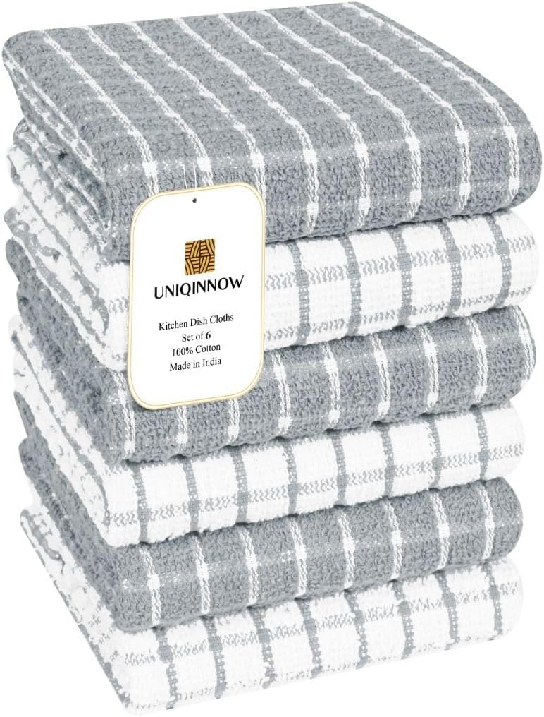 Assorted Terry Kitchen Towels 100% Cotton Set of 6 - Soft Absorbent Tea Towels for Kitchen - Dish Cloths Cleaning Towels with Hanging Loop - Quick Drying 15x25 inches Dish Towels Grey