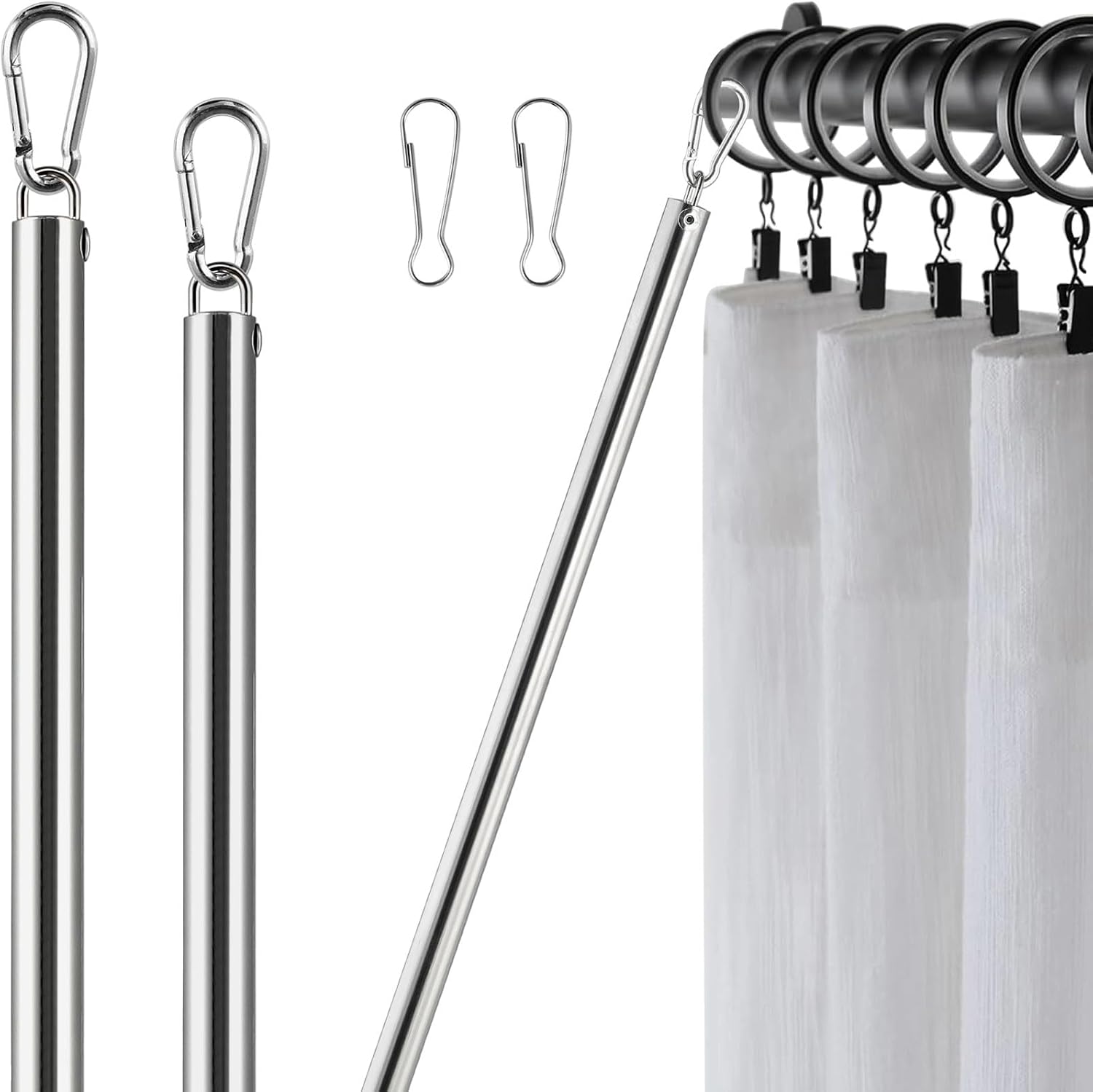 Curtain Pull Wand, Drapery Pull Rod for Curtains 2 Pack Adjustable 31inch to 46inch Extra Long Made of Stainless Steel Material Sponge Handle Silver