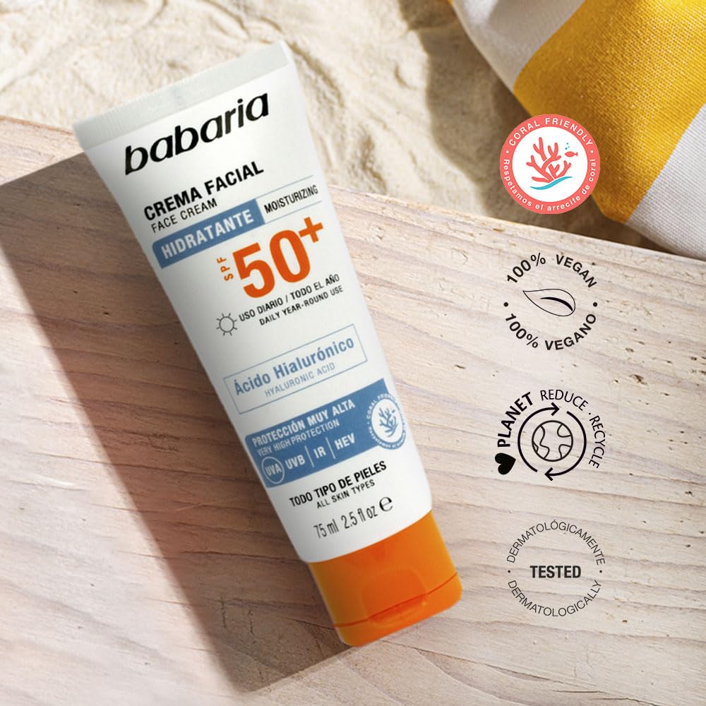 Babaria Crema Solar Facial SPF50+ con Ácido Hialurónico 75 ml – Hidratante, Antiarrugas y Antimanchas | Protector Solar 50 Facial UVA UVB e Infrarrojos