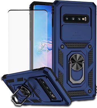 حافظة لهاتف Galaxy S10، حافظة Samsung S10 SM-G973U غير مناسبة 5G مع واقي شاشة من الزجاج المقسى وغطاء كاميرا منزلق، غطاء مغناطيسي بحامل حلقي دوار 360 لهاتف Samsung Galaxy S10 باللون الأزرق