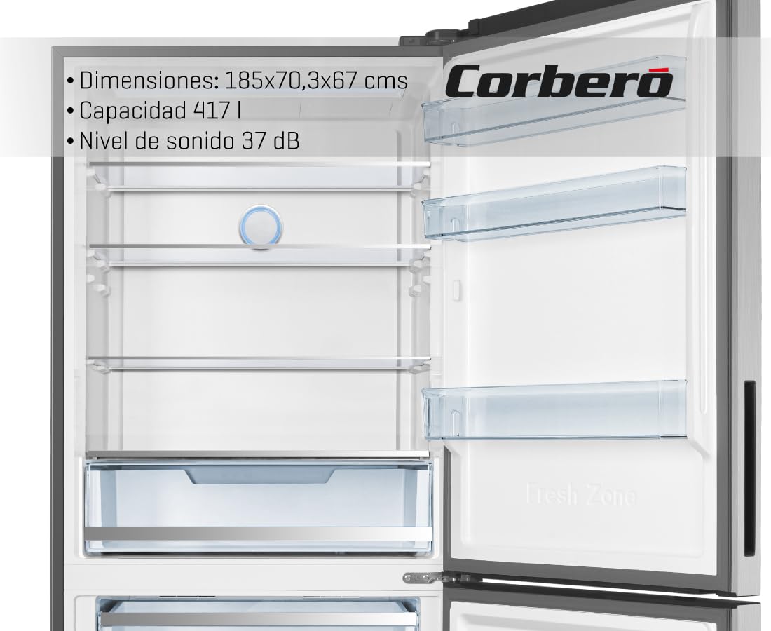 Corberó - Frigorífico Combi | CCT1857024NFXINV | No Frost | Inverter | 417 L | 185x70cm | Display Puerta | Cajón Crisper | Purificador | Luz LED | Inox