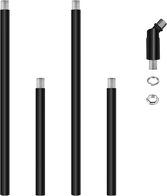 4 PCS M10 Threaded Extension Poles Lighting Fixture Downrods Stems & 180 Degrees Sloped Ceiling Adapter Kits for Pendant Light, Island Lighting, Chandeliers Black