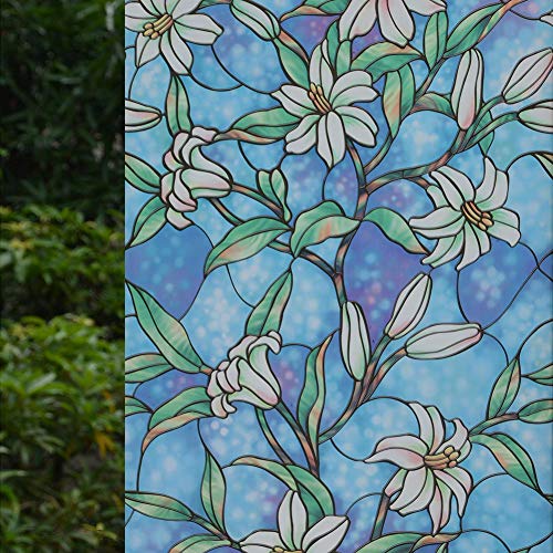 VSUDO Película de privacidad floral para ventana, fondo azul con flores de lirio, no adhesiva, cubierta de vidrio decorativa para el hogar y la oficina, 11.8 x 157.5 pulgadas