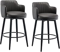 Vista 13 de Juego de 2 taburetes de bar giratorios modernos con Brazos, asientos de cuero napa, patas de metal negro y reposapiés, sillas de isla de cocina