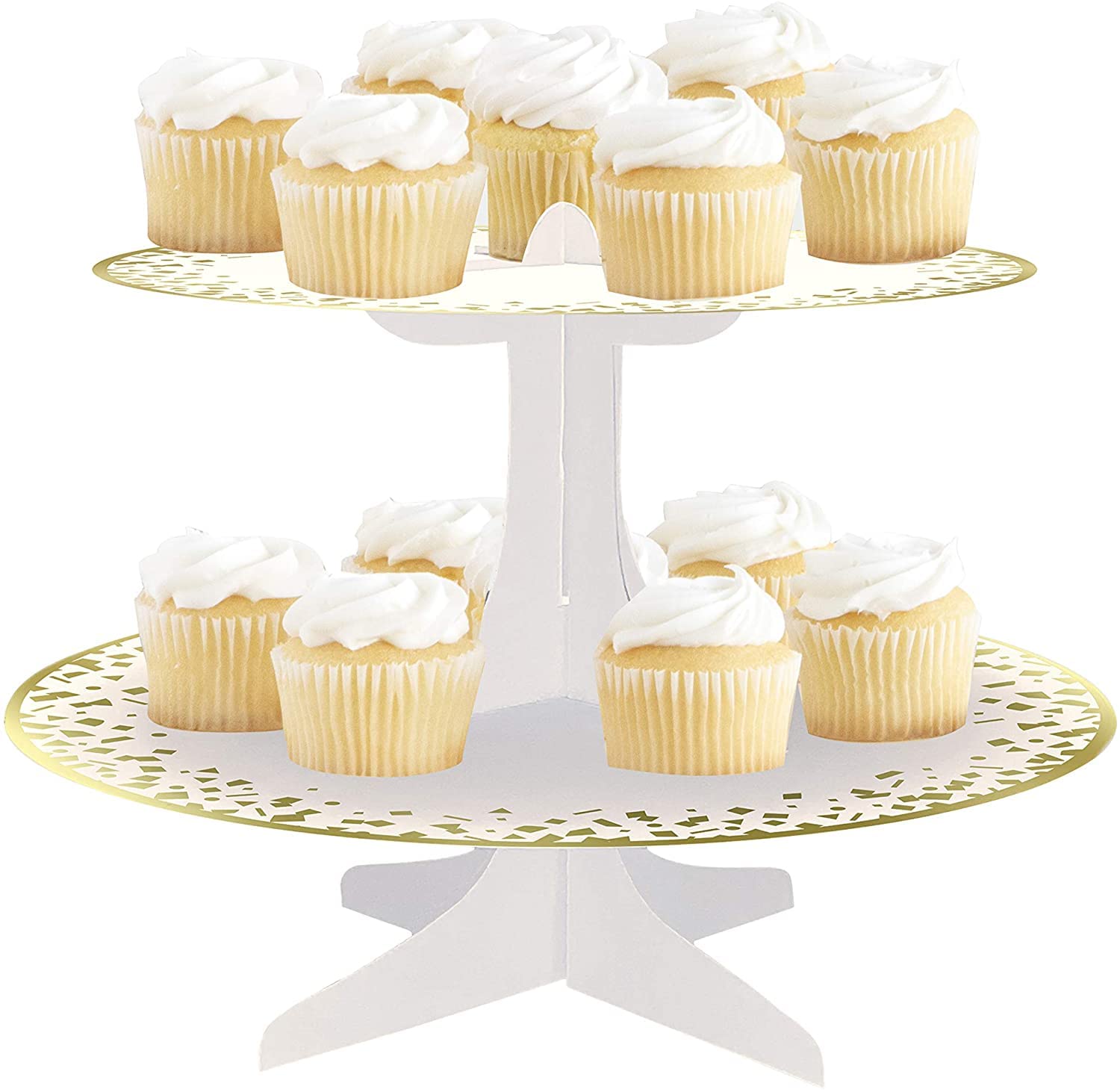 3 Tier Cake Stands for Afternoon Tea, Biodegradable Cupcake Stand Cardboard, Round Dessert Tower for Party,Birthday,Anniversary, Wedding,Baby Shower (2-Tier Gold Cupcake Stand)