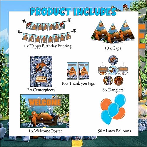 Image of Pretty UR Party Grizzy and the Lemmings Party decorations Kit - 80 pcs includes Banner, balloons, thank you, centerpiece, danglers, Grizzy Party Supplies, Lemmings Birthday Decor, DIY Pack for kids