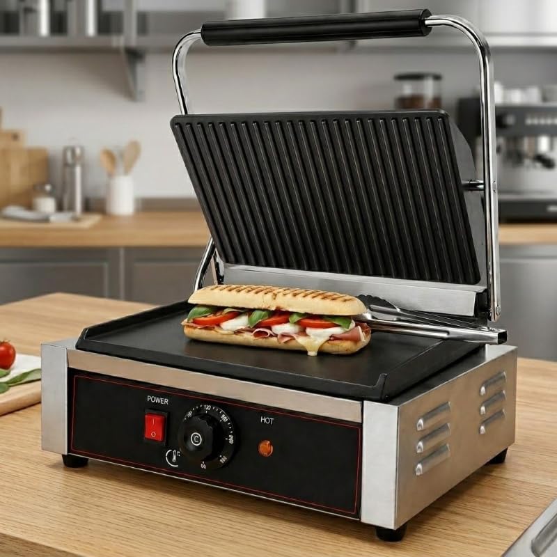 Grill Panini Professionnel Électrique - Plaques Rainurée/Lisse - 2,2 kW - Température 0 à 300°C - Large Surface de Cuisson
