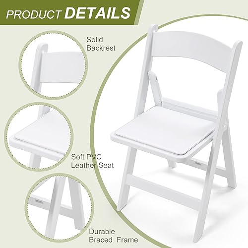 Miniatura 5 de Paquete de 4 sillas plegables de plástico blanco, cómodas sillas plegables de resina, sillas de comedor ligeras con asientos acolchados de PVC para