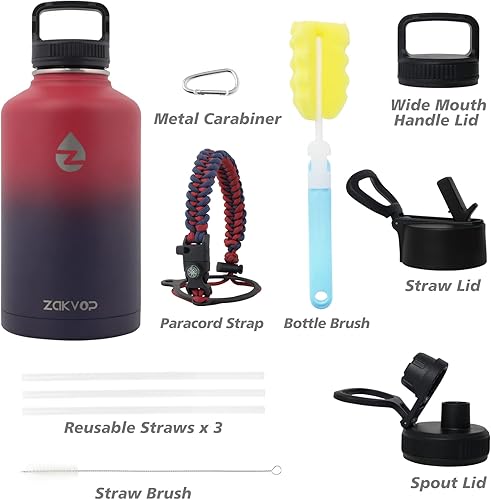 Miniatura 5 de ZAKVOP ZAKVOP - Botella de agua aislada de 64 onzas con pajitas y 3 tapas, botella de agua de medio galón de acero inoxidable de doble pared, jarra