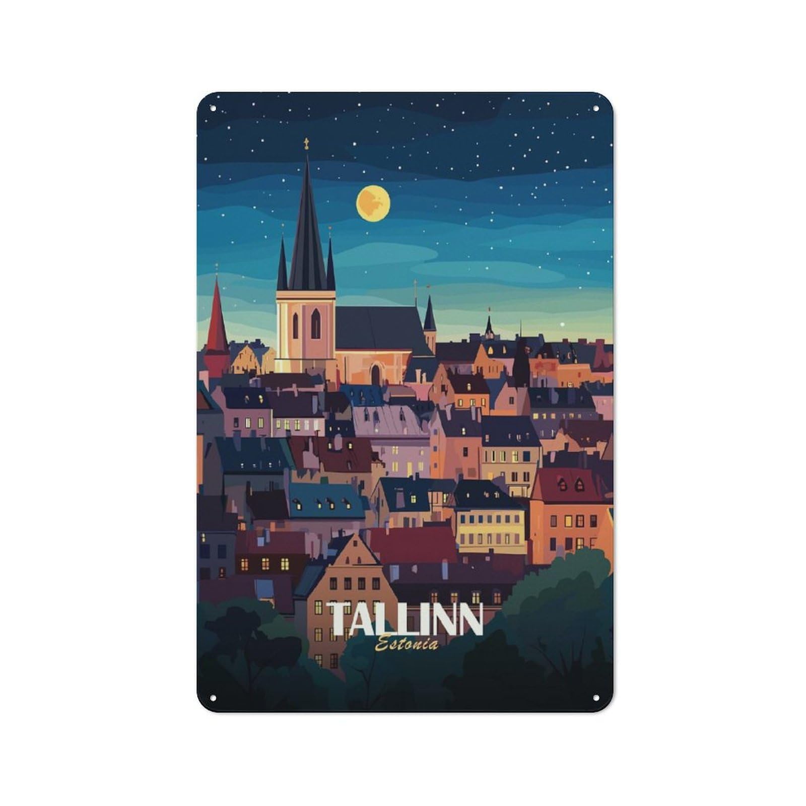 Tallinn, Estonia Cityscape at Night Metal Wall Art Sign 30x20cm, Vintage Old Style Wall Plaque for Living Room, Hallway, Kitchen Or Cafe