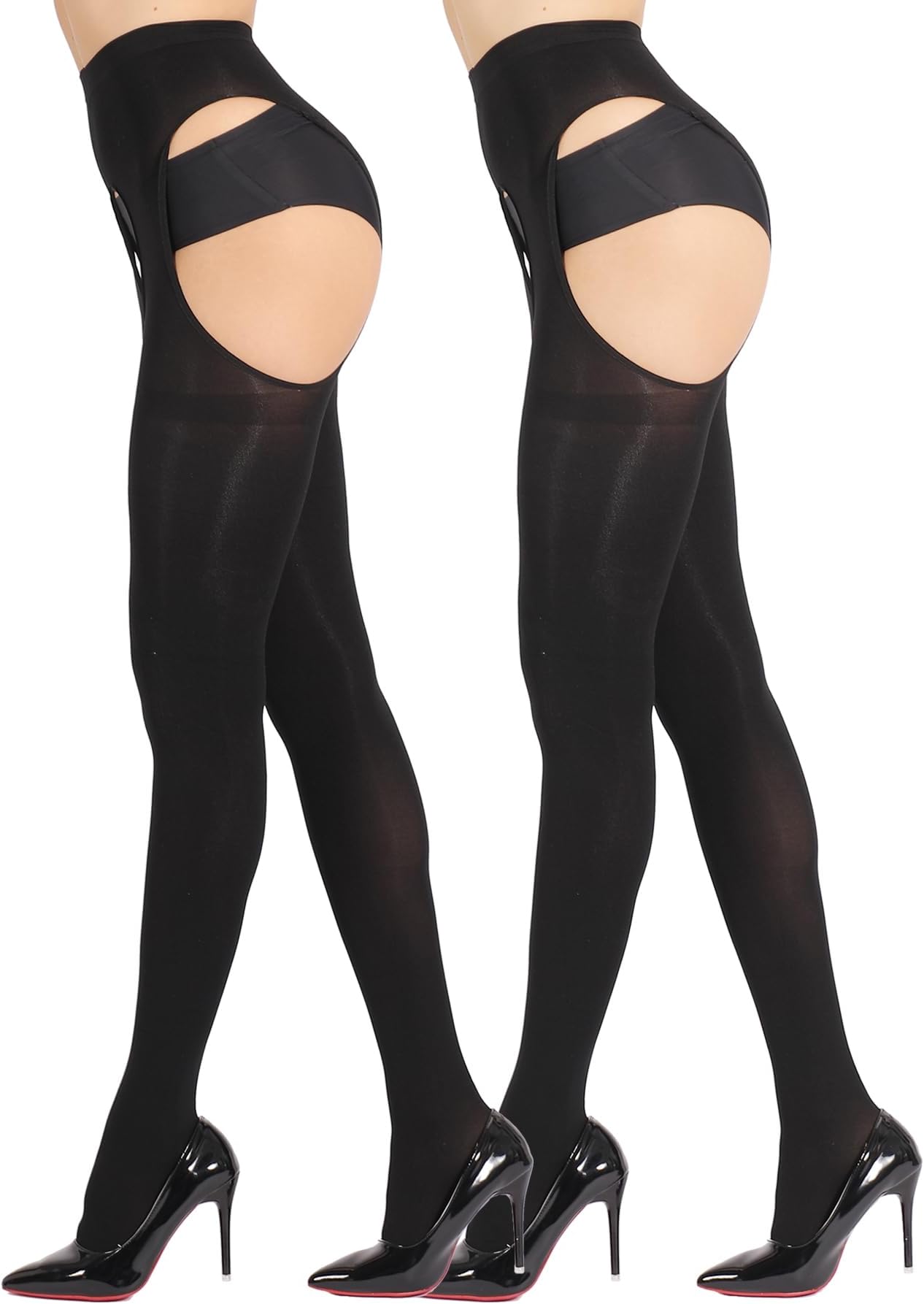 MERYLURE 2 Pack Suspender Tights for Women Semi Opaque Garter Belt Control Top Pantyhose Thigh High Stockings