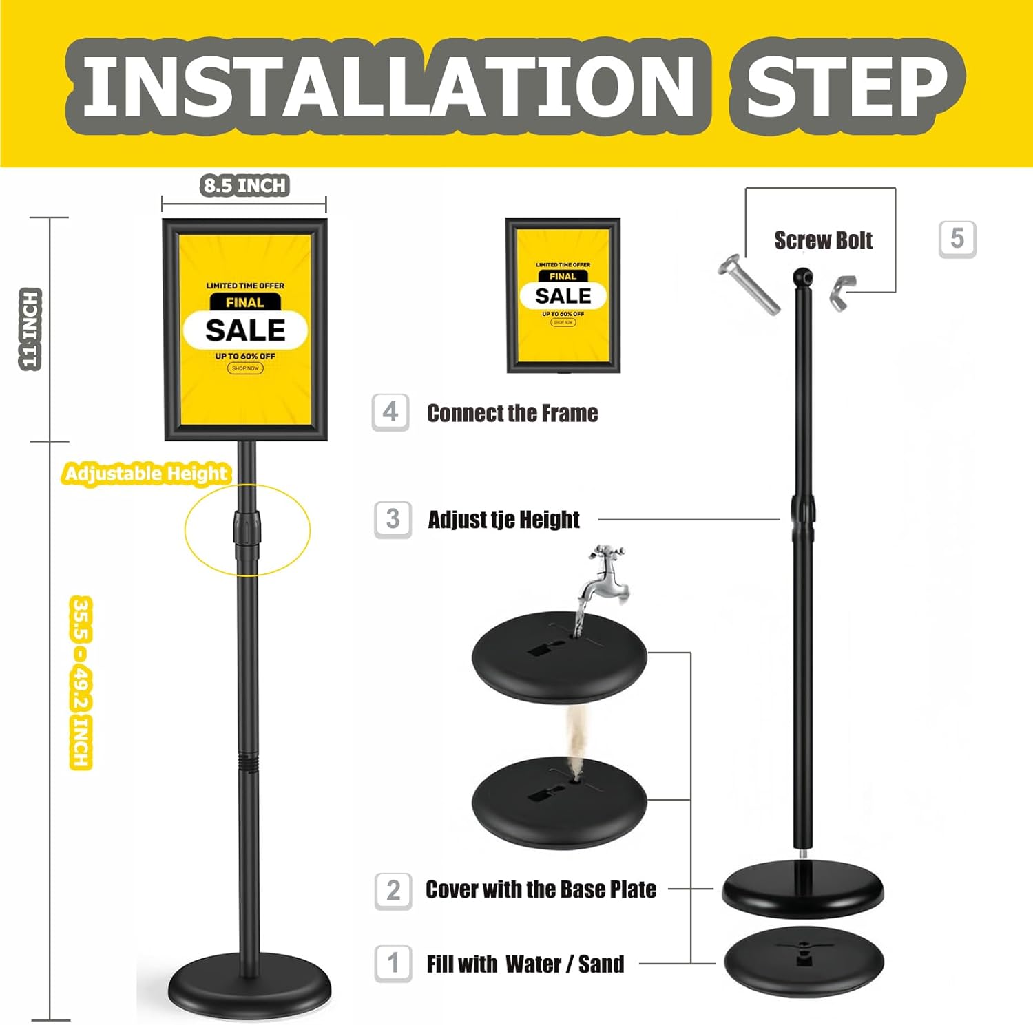 QISHENG - 2 Pack Sign Holder Stand, 8.5x11" Adjustable Floor-Standing Poster Sign Stand, 360°Rotation Aluminum Snap-Open Frame Display for Commercial Malls / Schools / Restaurants Advertising, Outdoor&Indoor