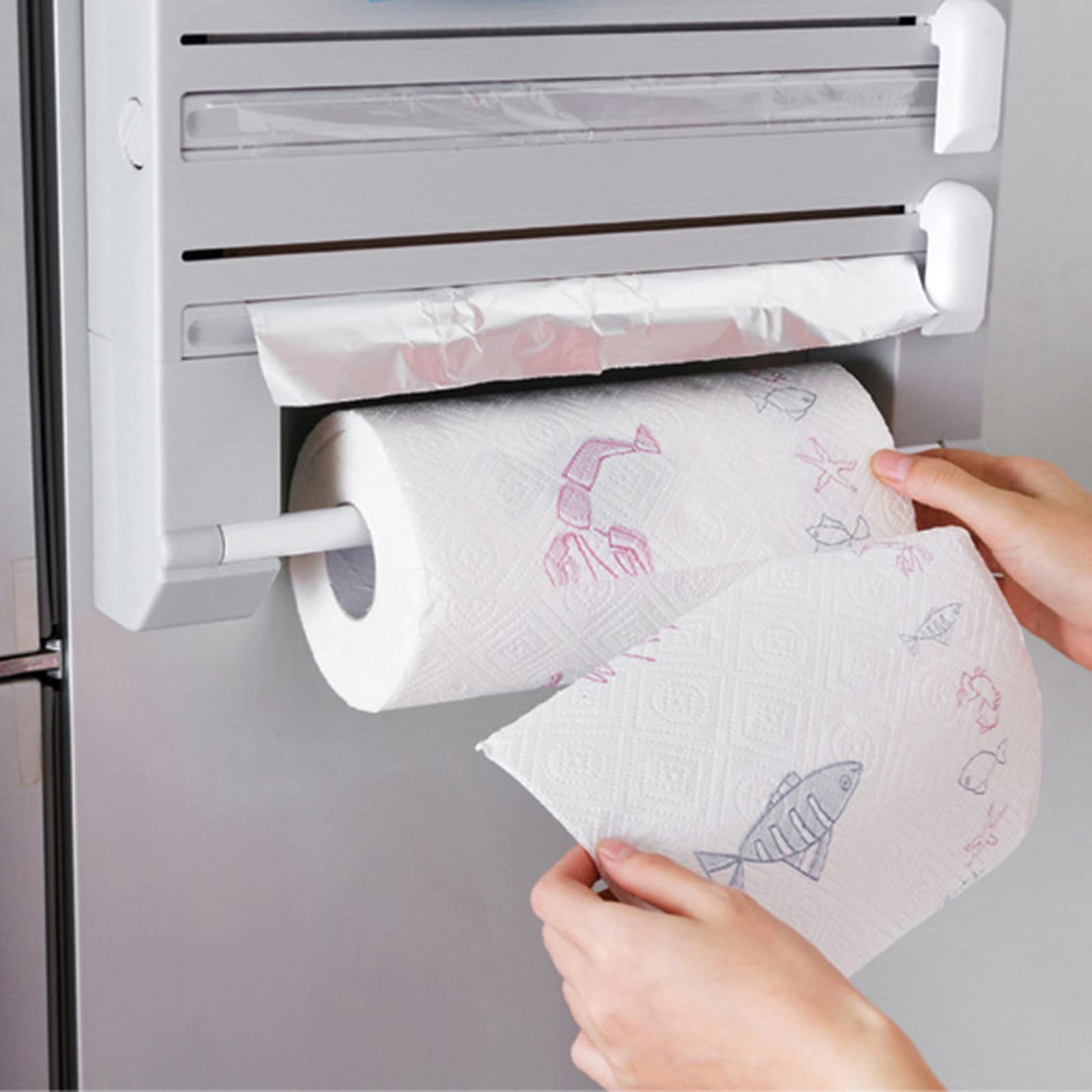 Organisateur d'emballage en plastique 6 en 1 avec coupe-papier, distributeurs de nourriture, machine de découpe d'emballage en plastique non poreux fixée au mur, adaptée aux emballages d'aliments, de