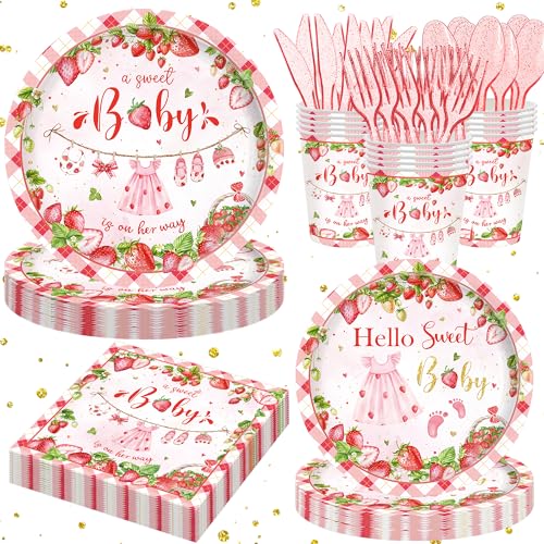 140PCS Strawberry Baby Shower Decorations for Girls Berry Sweet Baby Shower Decorations Birthday Decor Party Supplies Plates Napkins Cups Forks Spoons Tableware Set Serve 20 Guests