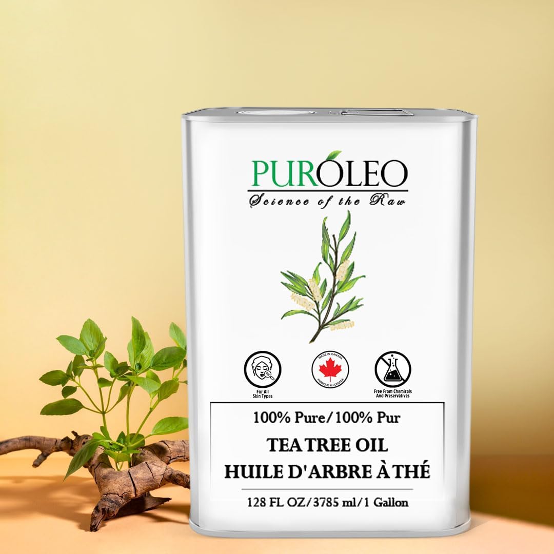 PUROLEO Tea Tree Essential Oil 128 Fl Oz/3785 ML (Packed in Canada) 100% Pure and Natural, Premium Quality Aromatherapy Oil for Diffuser, Skincare and Haircare, Refreshing and Invigorating Scent