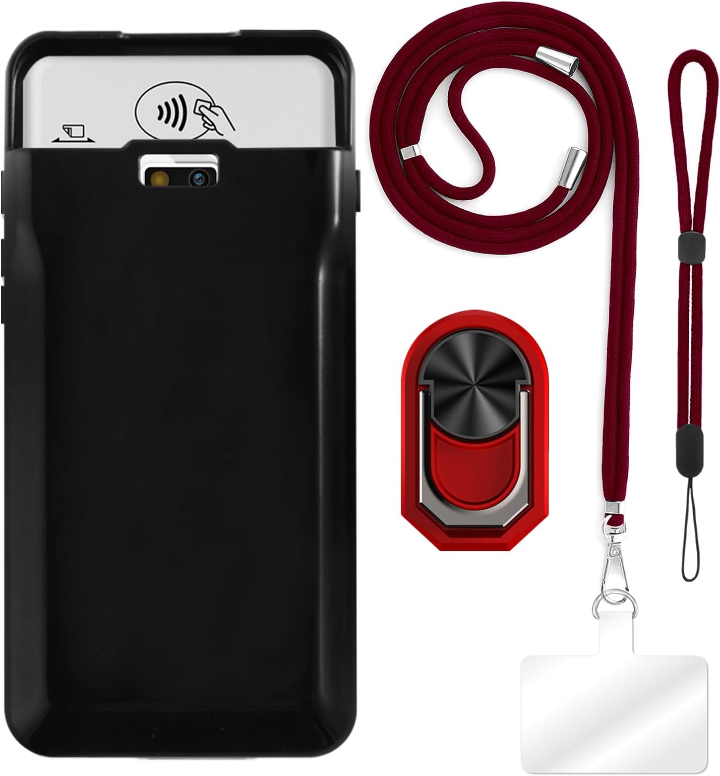 [4 in 1 Case Compatible with Pax A77 with Lanyard, Wrist Strap and Ring Holder, Protective Cover Anti-Drop Secure Travel Kit (Black+Red Set)