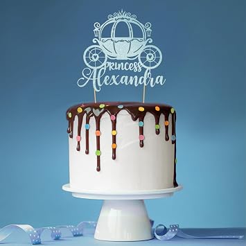 Personalised Princess Carriage Glitter Cake Topper- Light Blue Any Custom Name Glitter Cake Decoration and Sprinkles - Happy Birthday Decorations - Personalised Toppers for Cakes by Cakeshop