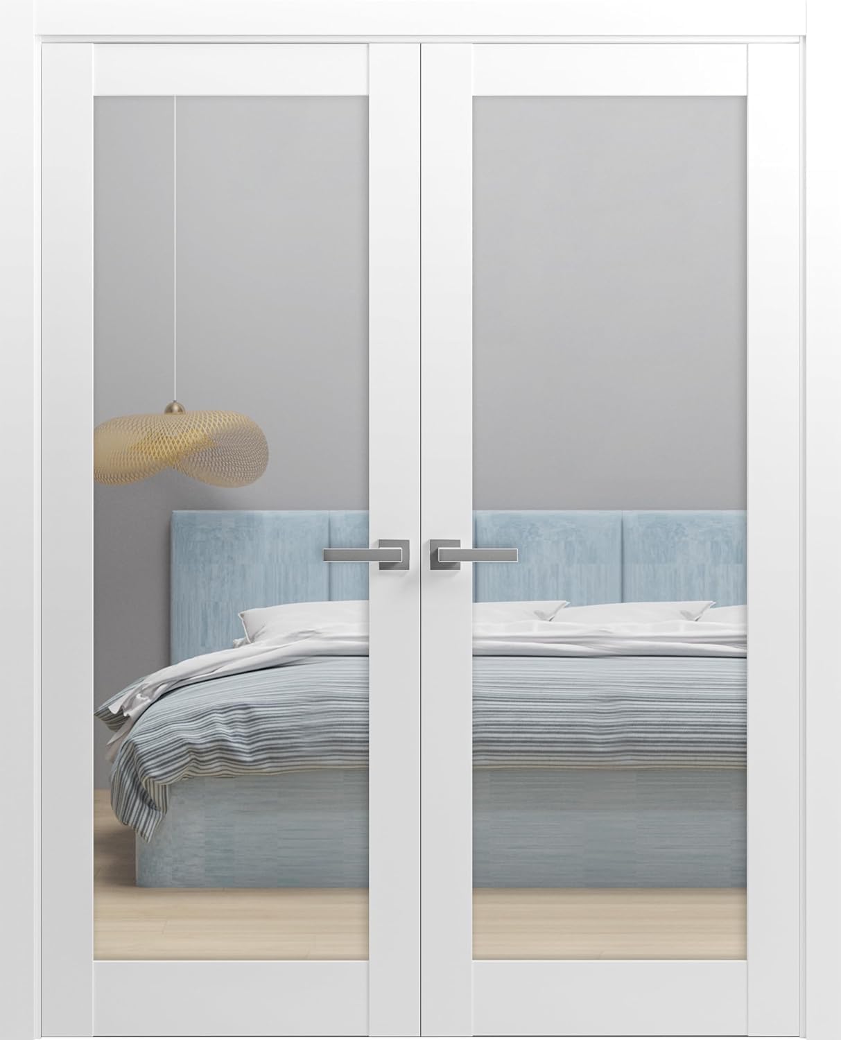 SARTODOORS Solid French Double Doors 84 x 80 inches with Clear Glass Transparent | Lucia 2166 Matte White | Wood Solid Panel Frame Trims | Closet Bedroom Sturdy Doors