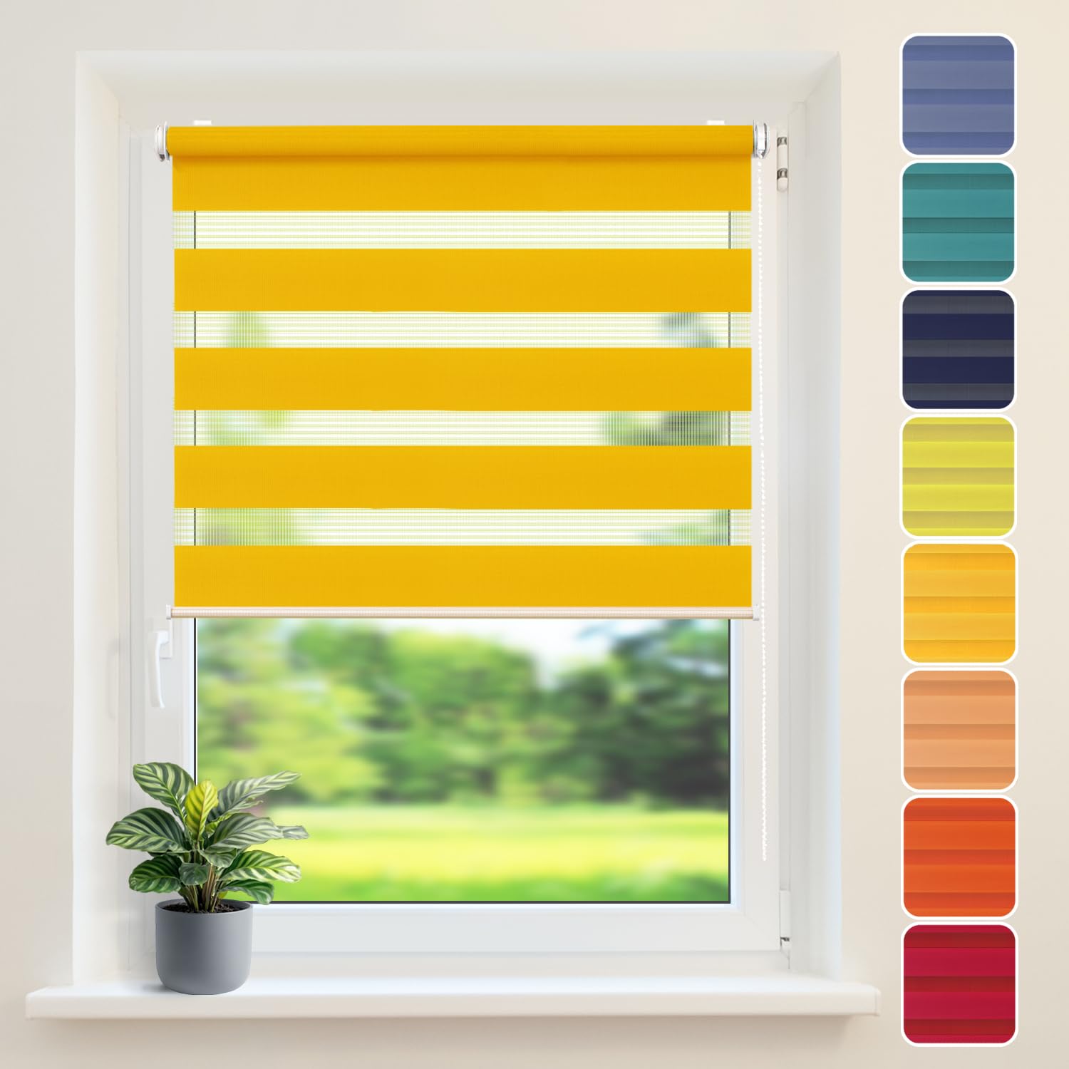 Domdeco Store double jaune, 80 x 215 cm – Store enrouleur double Fix avec supports de serrage, store de fenêtre/store de traction latérale, sans perçage, translucide et occultant