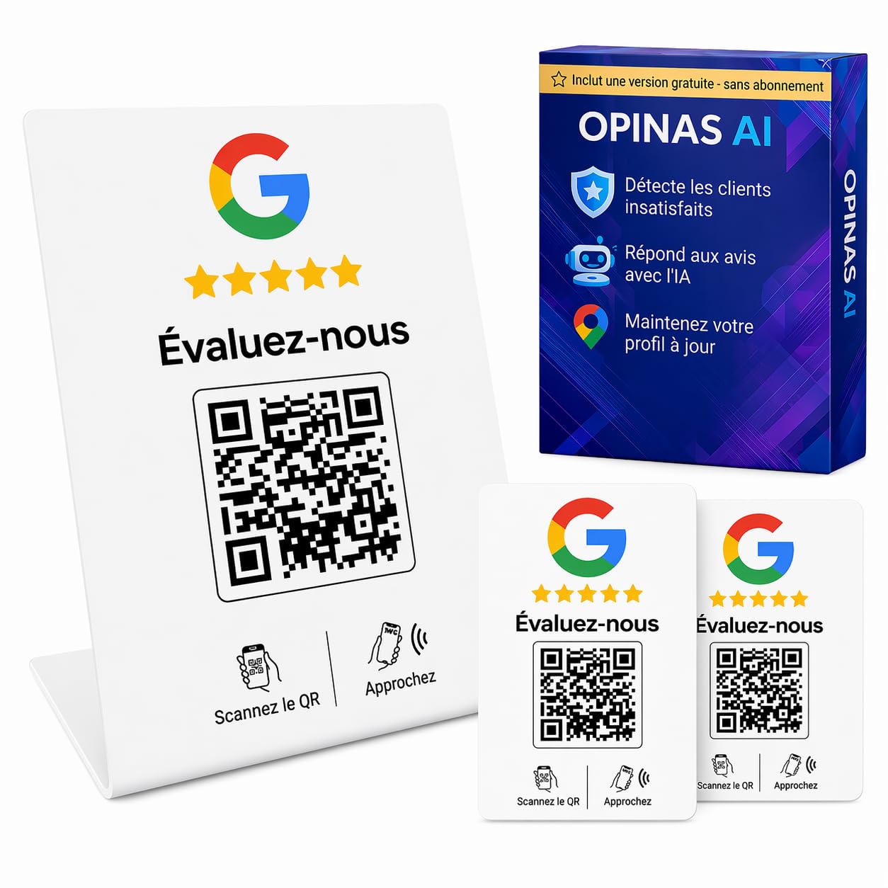 Pack Plaque NFC & QR pour avis Google (française) + 2 cartes NFC | Application IA de réponse aux avis incluse