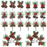 DETENE 25 Pezzi Rami di Pino Artificiale di Natale Coni di Pino Naturali con Bacche Rosse e Pigne per Albero di Natale Corone Ghirlande Decorazione Natalizia