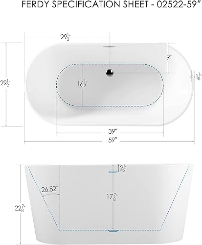 Miniatura 4 de FerdY Bañera de acrílico independiente, ergonómica, ligera, clásica, ovalada, con drenaje cromado, desbordamiento clásico ranurado, blanco moderno,