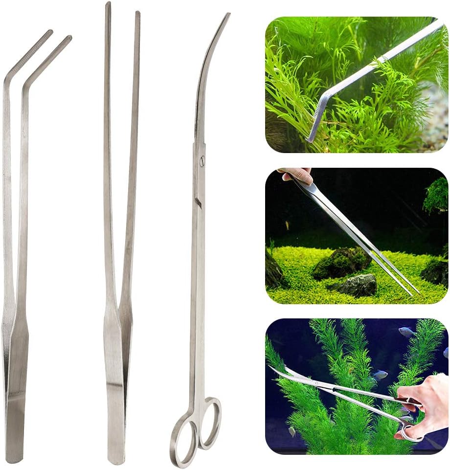 Hothuimin 3 in 1 Stainless Steel Aquarium Tank Aquatic Plant Tweezers Scissors Tool Set for Fish Tank Plants
