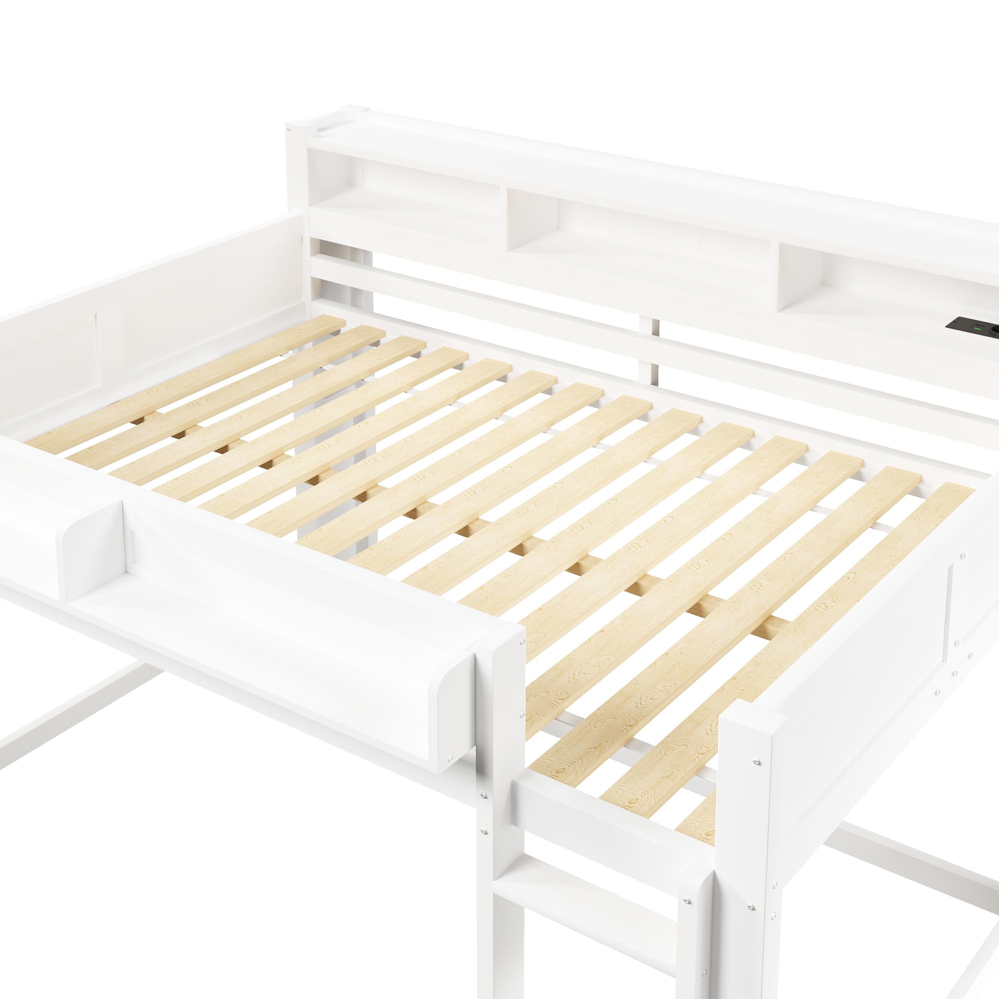 Lit Superposé Enfant 140x200cm avec éclairage LED et Port USB,Lit Mezzanine 2 Place en Bois avec rangements,Garde Corps,lit Jeune duoble,Cadre de lit Double,sans Matelas,Blanc