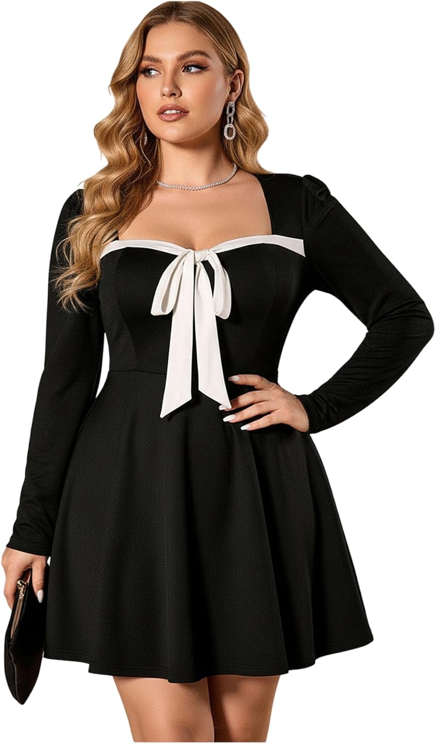 Women's Plus Size Tie Front Sweetheart Neckline Dress Long Sleeve A Line Mini Cocktail Party Dresses