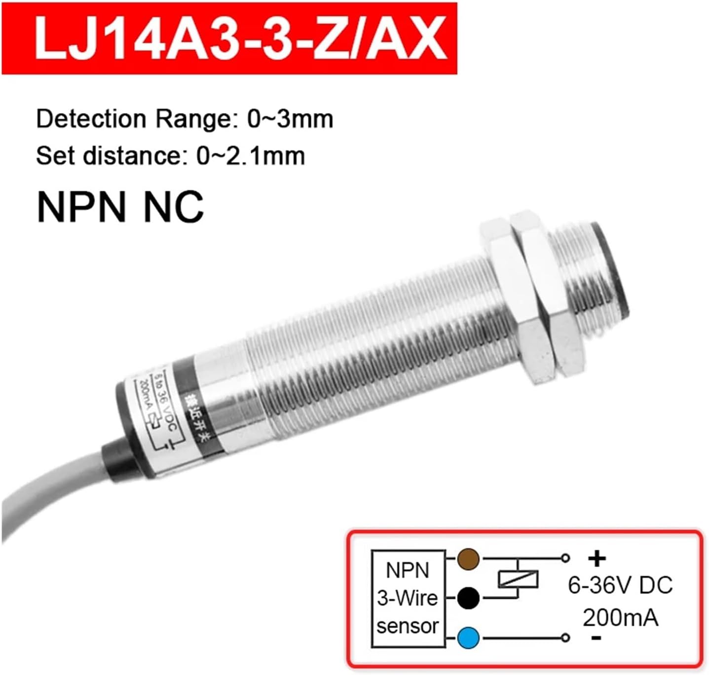 Proximity Switch LJ14A3 M14 Cylindrical Approaching Sensor NPN PNP NO NC Detection Distance 3mm/5mm(LJ14A3-3-Z-CX)