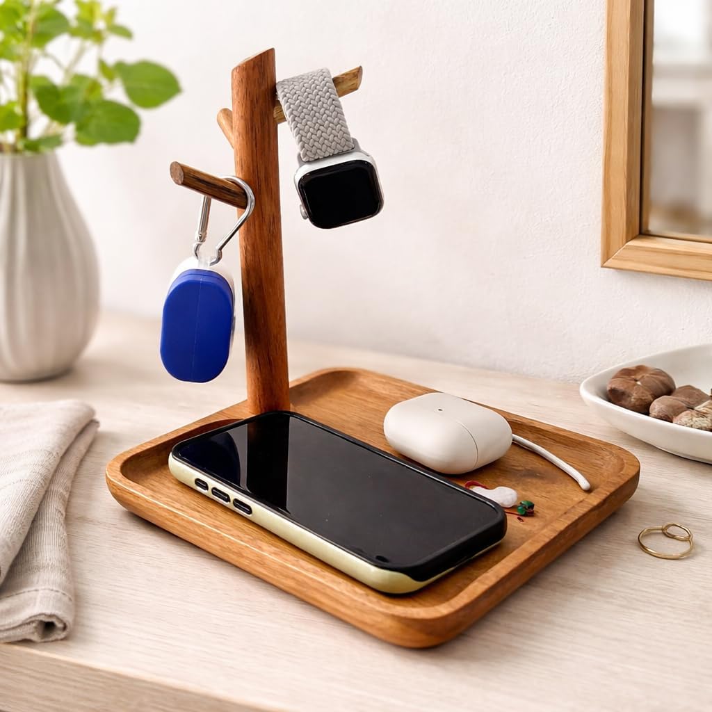 Acacia Wood Key Tray for Entryway Table, Wooden Catchall Organizer with Jewelry Storage Rack, Valet Tray for Keys Wallet Watches Sunglasses Rings(Square)
