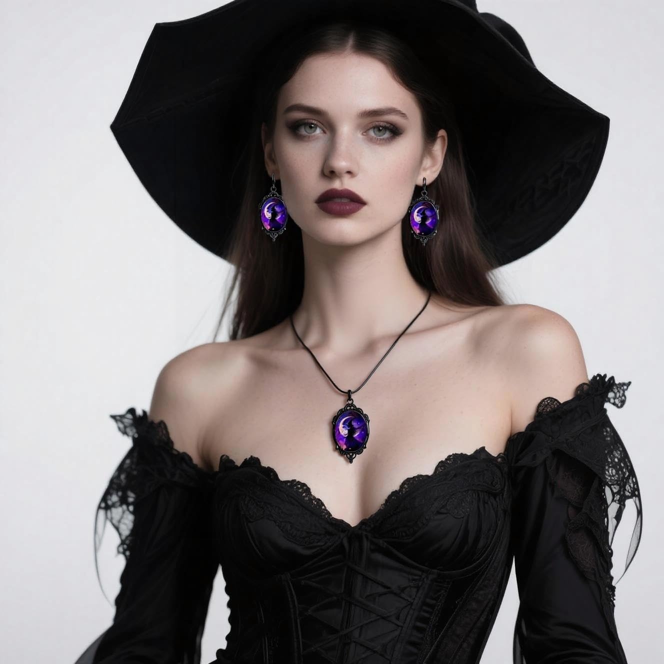Halloween Witch Jewelry Set for Women Witch Cameo Earrings Necklace Set Goth Crystal Bat Raven Earring Necklaces Gothic Mystic Victorian Earring Halloween Costume Jewelry Accessories - Image 3