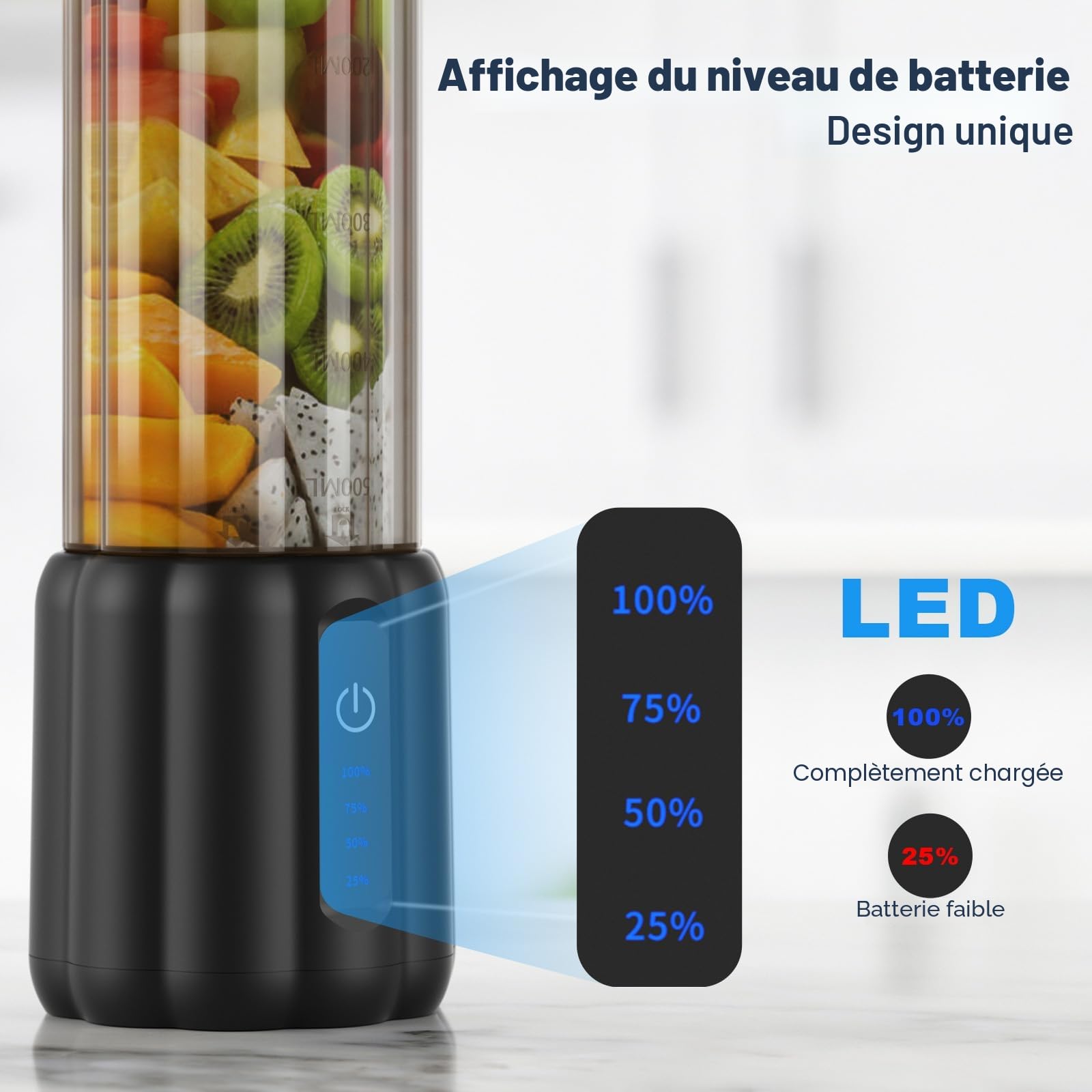 COKUNST Mixeur Portable pour Shakes et Smoothies, 22000 TR/min Puissant avec 6 Lames, 500 ml Mini Blender avec Couvercle de Voyage pour Cuisine, Salle de Sport, Bureau