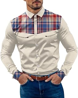 Men's Long-Sleeve Flannel Shirt Big and Tall Checked Button Down Shirts Fashion Fall Band Collar Classic Stylish Fleece Tops with Pockets