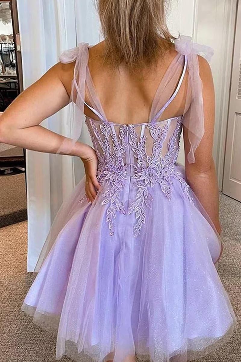 Lace Applique Homecoming Dresses for Teens Spaghetti Straps Sweetheart Puffy Tulle Cocktail Dresses 2023