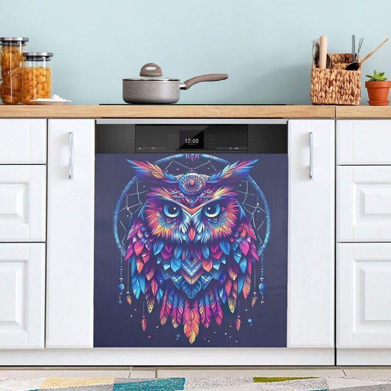 レトロ フクロウ ダークブルー 食器洗い機 磁気カバー デカール ビニール 装飾パネル デカール 洗濯機 冷蔵庫 パネル デカール