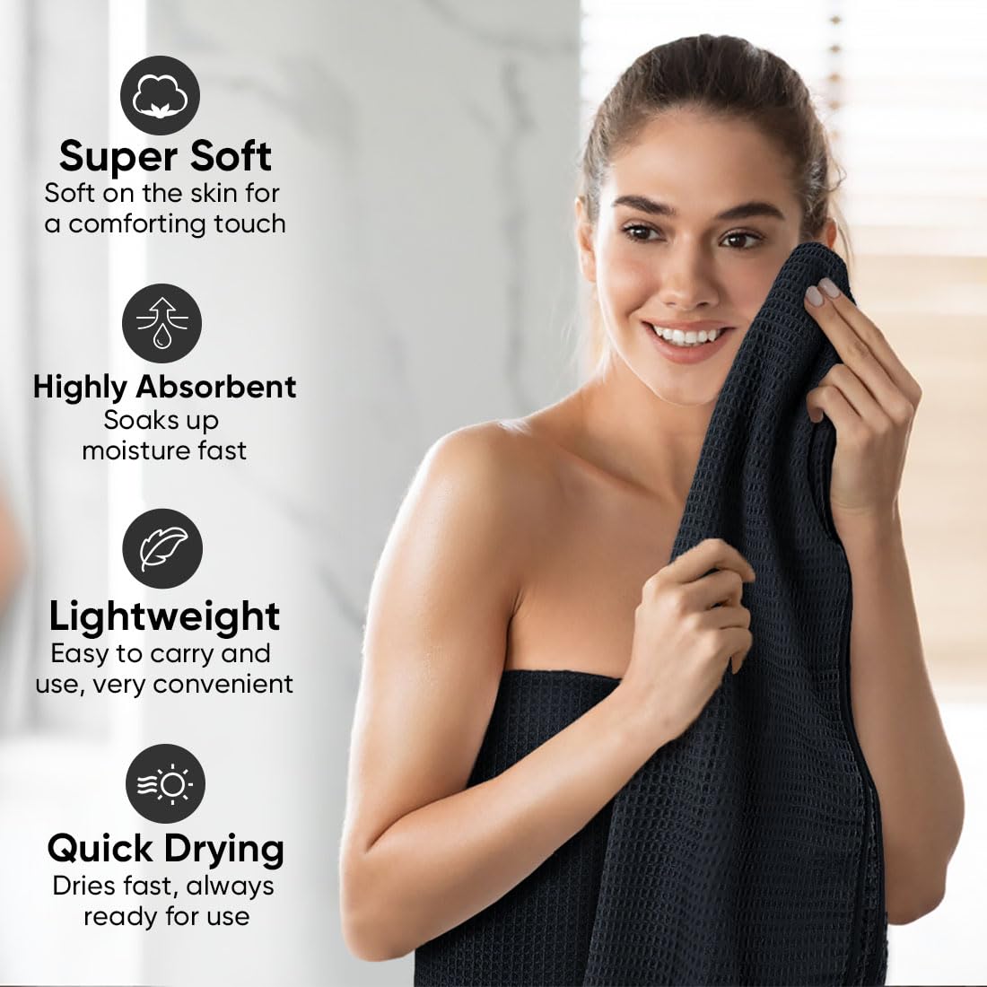 HOMEXCEL Set di 4 asciugamani da bagno a nido d'ape, in microfibra di alta qualità, leggeri, altamente assorbenti e ad asciugatura rapida, per bagno, palestra, doccia, hotel e spa, 68 x 137 cm, nero