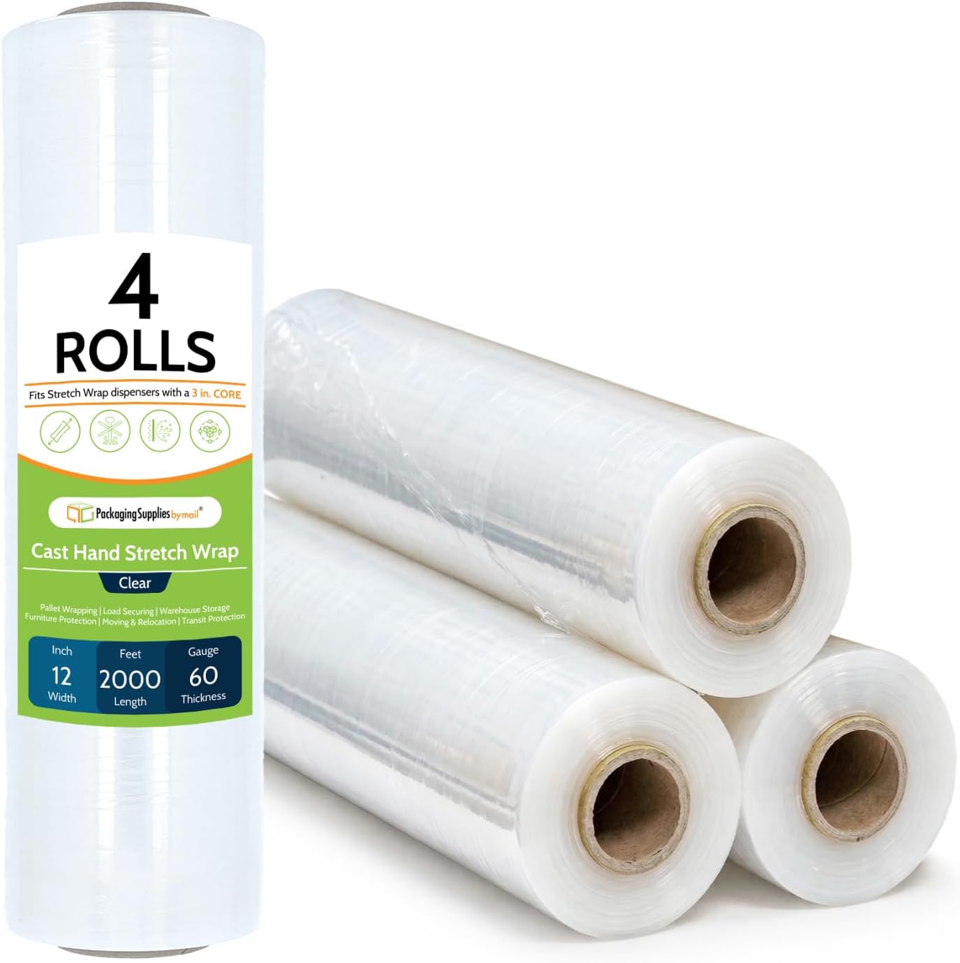 PSBM Cast Hand Stretch Wrap Plastic Shrink Film 12" x 2000' 60 GA 4 Rolls