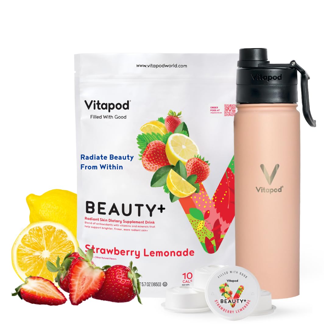 Vitapod Beauty+ Strawberry Lemonade Flavored Water Enhancer Pods Starter Bundle, Water Flavoring, Sugar Free, Collagen, Vitamin C, 30 Pods, 22 oz Stainless Steel Water Bottle, Pink Salt