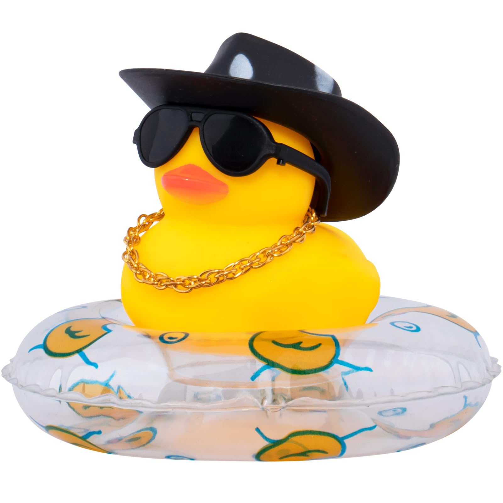 wonuu Car Rubber Duck Decoration Dashboard Ornament for Accessories with Mini Sun Hat Swim Ring Necklace Sunglasses, A-Cowboy White Spots Black&