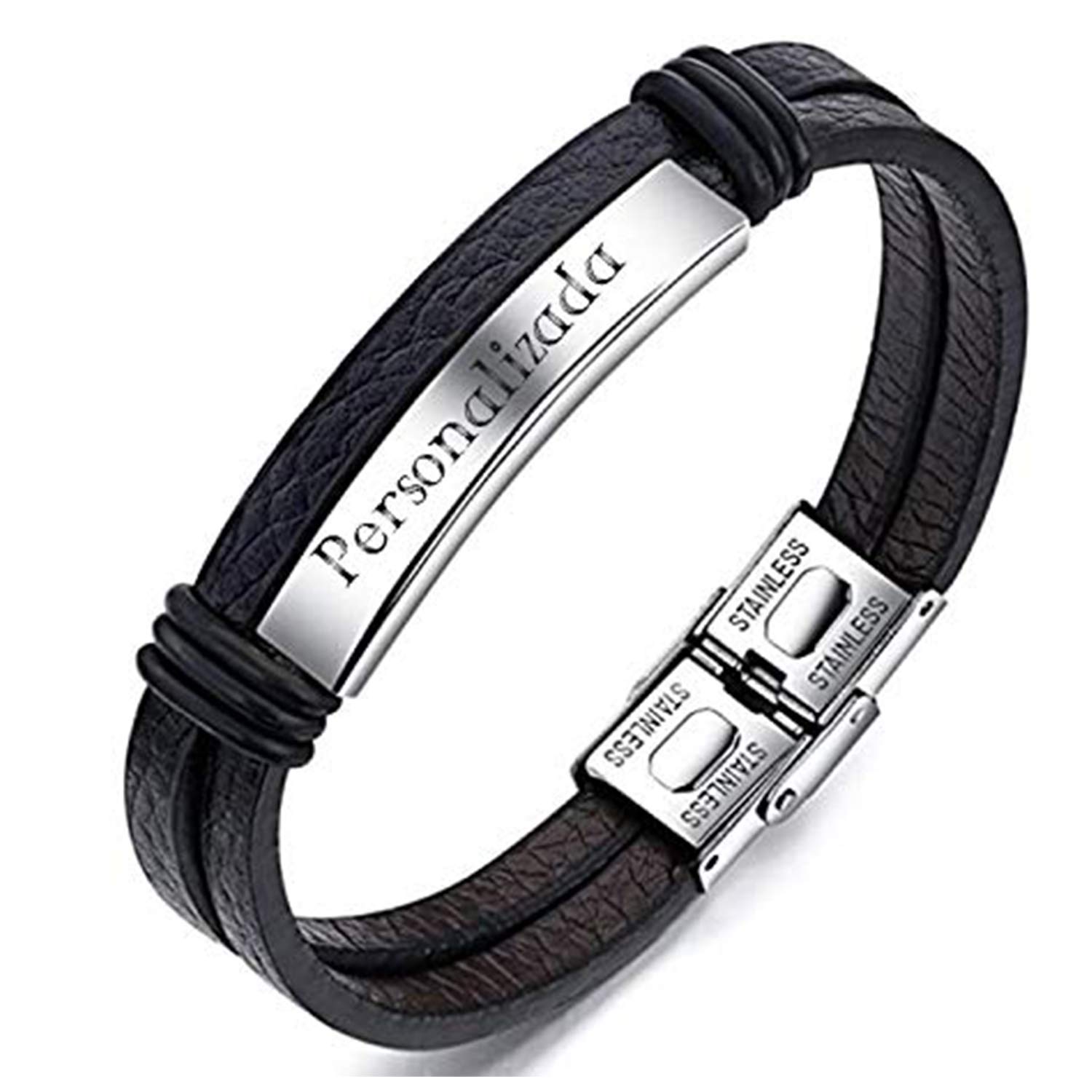 RecontraMago Dia del Padre Regalos - Pulsera Personalizada Para Hombre y Mujer - Grabado en Diamante - Pulseras Personalizables de Acero Inoxidable y Cuero Regalo Nombre