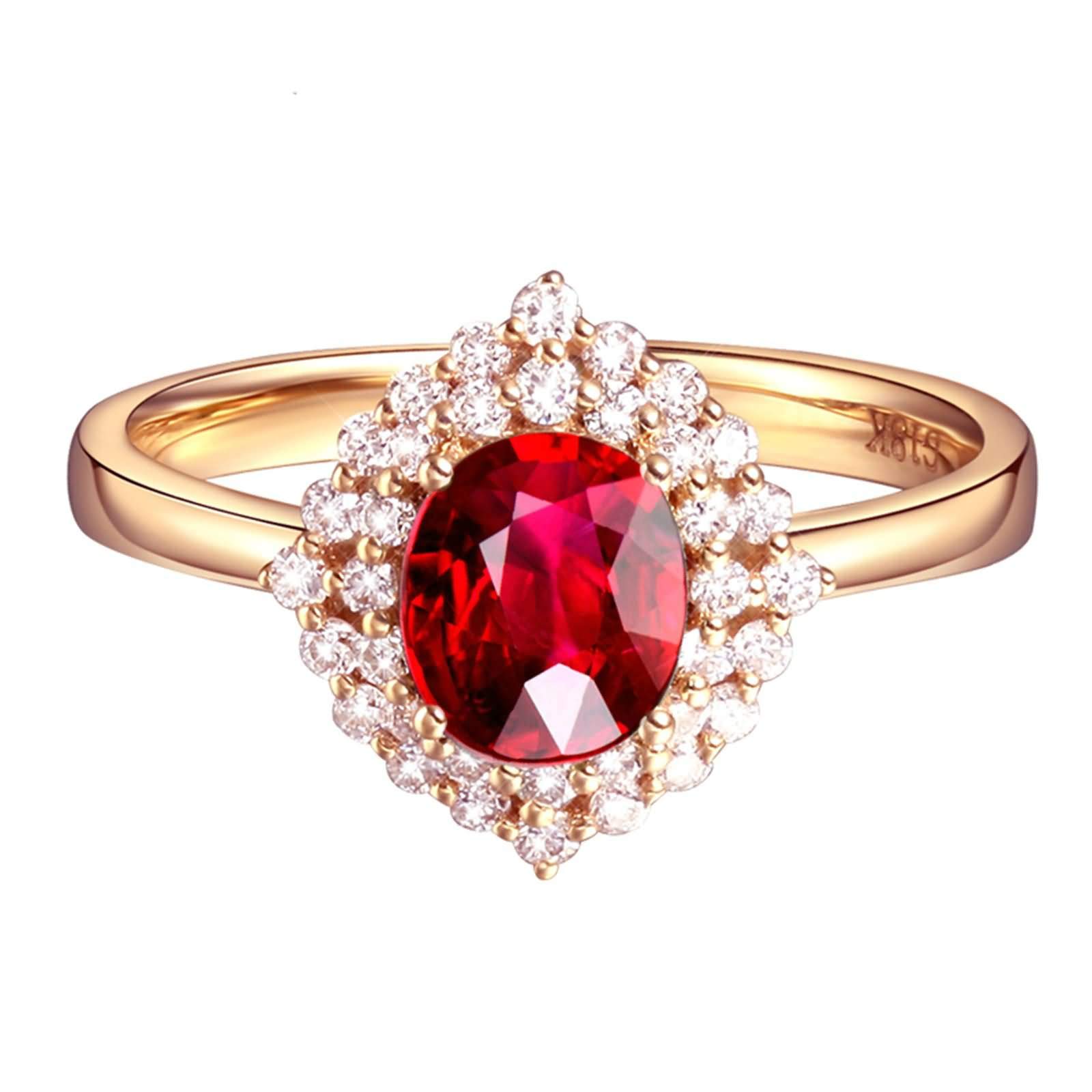 Daesar Anillos de Compromiso Matrimonio para Mujer con Flor y Oval con Rubí Creado y Moissanita, Oro Amarillo 9K/14K/18K, Anillo Promesa Oro Rojo