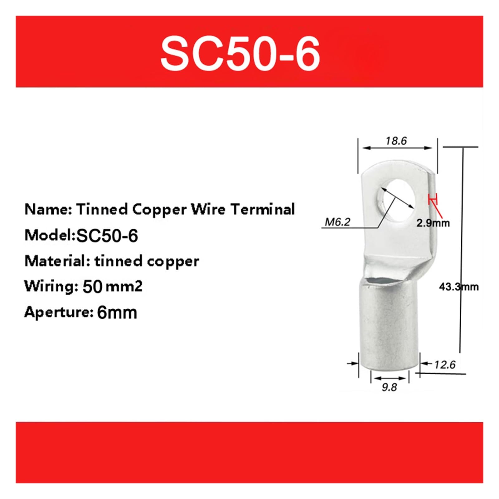 20 Stück Bolzenloch verzinnte Kupferösen verriegeln Klemmen 10/16/25/35/50/70 m㎡ Kabel Crimp Drahtverbinder SC10-6/8 SC16-6/8/10(SC50-6)