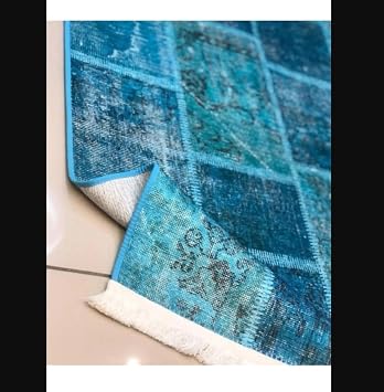 Vintage Patchwork Halı, Turkuaz Mavi, 80x150 cm
