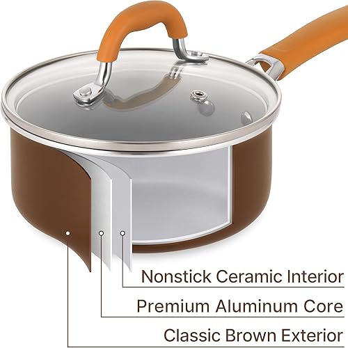 Miniatura 2 de Cacerola de cerámica con tapa, olla pequeña antiadherente de 1.5 cuartos de galón para cocinar en casa, color marrón