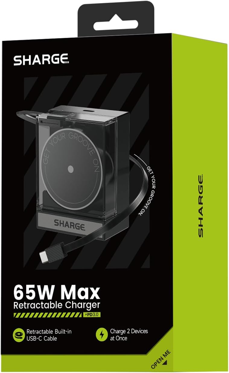 SHARGE Retractable 65W USB C Charger, GaN Power Wall Charger with Retractable Cable, 2 Devices PD Fast Charging for MacBook Pro/Air, iPhone 17/16,Pixel Book, iPad Pro (White)