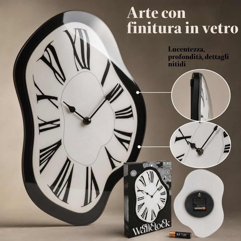MIJOMA Orologio da Parete a Tempo che Si Scioglie – Design Surreale, in Vetro, 22 x 33 cm – Orologio da Parete Stile Creativo Dali, Orologio al Quarzo Silenzioso per Soggiorno, Ufficio e Stanza