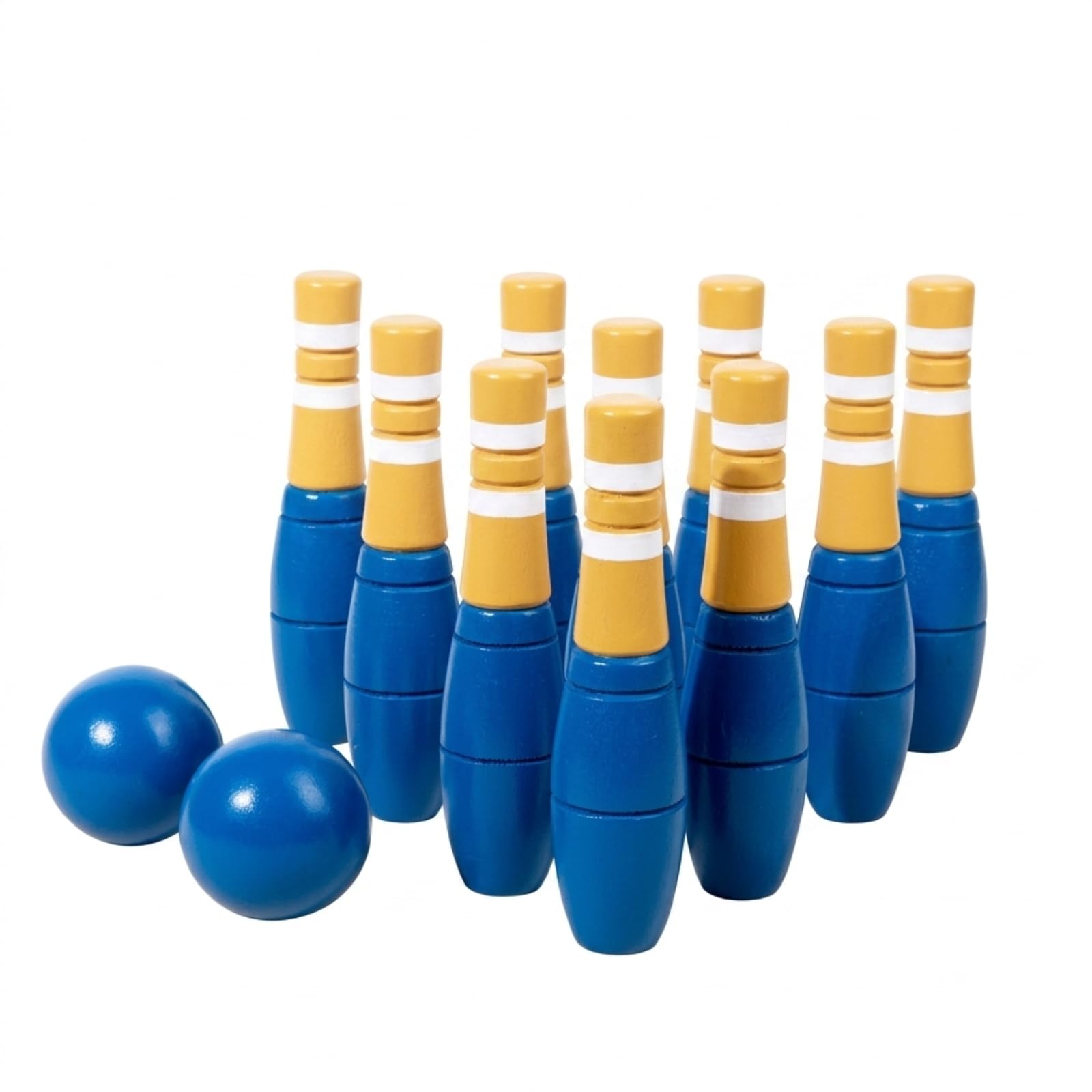 Jeu de bowling en bois pour enfants avec broches au design classique et boule bleue pour prendre des tours et compétition amicale adapté pour