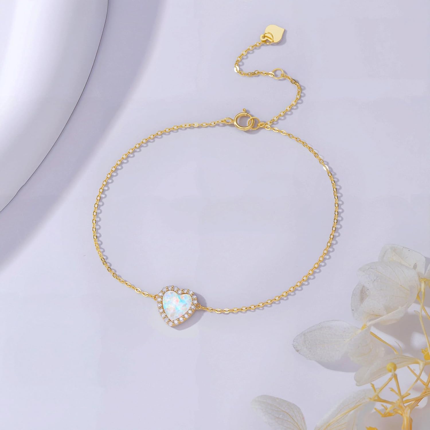 10k Gold Simulated Opal and Created Moissanite Heart Bracelet for Women, 6.2-7.8 Inches